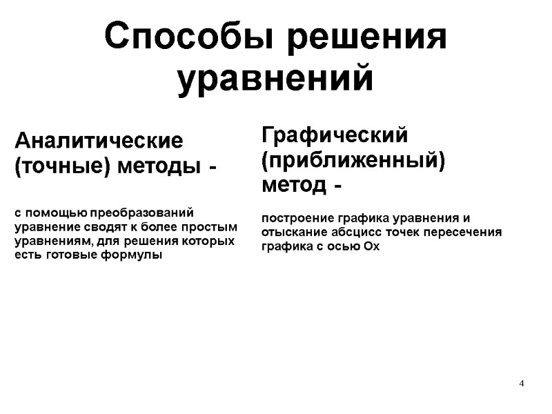 4 Способы решения уравнений Аналитические (точные) методы -   с помощью преобразований уравнение